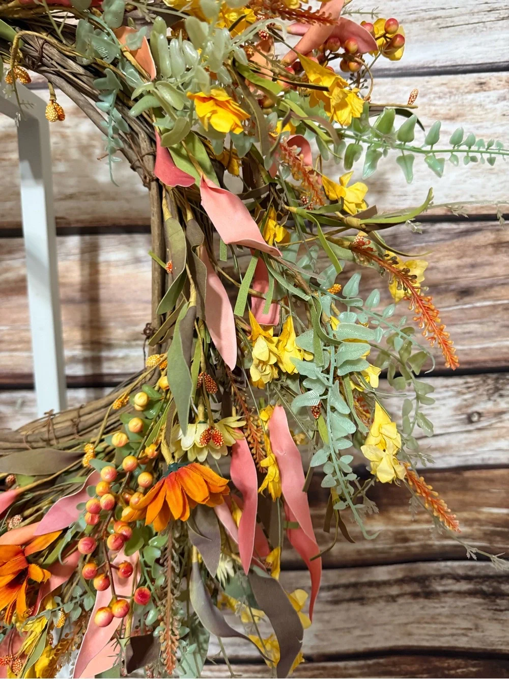 Autumn Flower & Berry Faux Floral Wreath - Yellow Orange & Pink